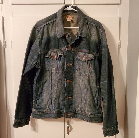 Men's Roebuck & Co Distressed Dark Wash Denim Jacket - Picture 1 of 7